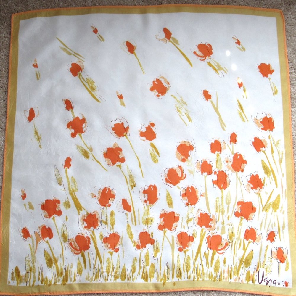 VERA NEUMANN Vintage Scarf Blowing Tulip Flowers 100% Acetate Japan Lady Bug